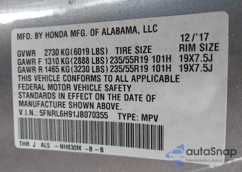2018 Honda Odyssey Elite z USA, uszkodzony, nr VIN 5FNRL6H91JB070355
